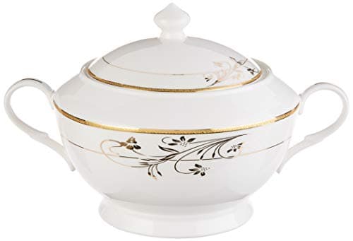 Bone China Soup Tureen with Lid, Rosalia Pattern by Lorren Home Trends - Gold - for Lorenzo Import's La Luna Collection
