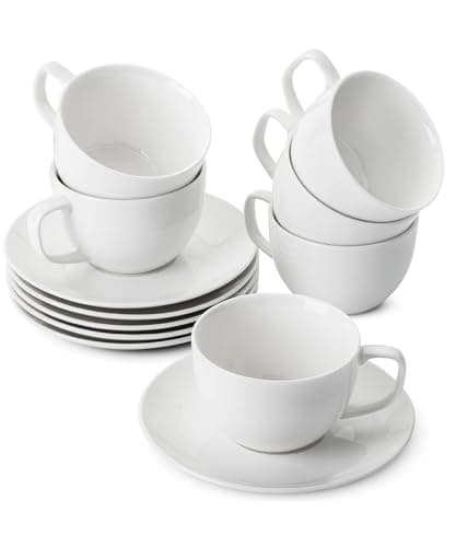 6-Piece Porcelain Tea Cup and Saucer Set, Floral Design (7oz)