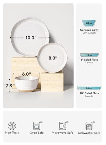 LE TAUCI Arctic White Dinnerware Set, 12 PCS, Oven Safe (4x 10" Plate, 4x 8" Salad, 4x 28 oz Bowl)