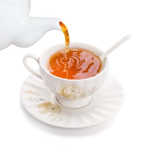 Floral Tea Cups and Saucers Set of 6, White Porcelain, Microwave Safe