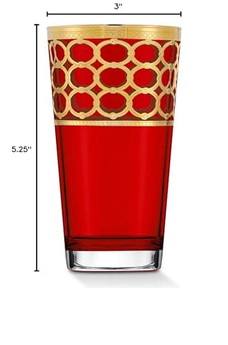 Lorren Home Trends Deep Red High Ball Glasses with Gold Rings, Set of 4