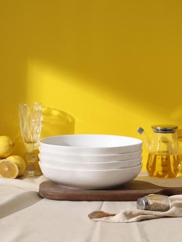 LIFVER 9.75" Ceramic Pasta Bowls Set of 4, 50 Ounces, Microwave & Dishwasher Safe, White