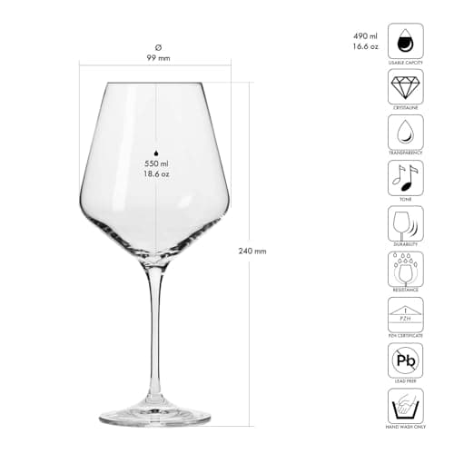 Krosno Classic Red Wine Glasses Set of 6, 16.6 oz, Crystal Thin Rim Long Stem Unique