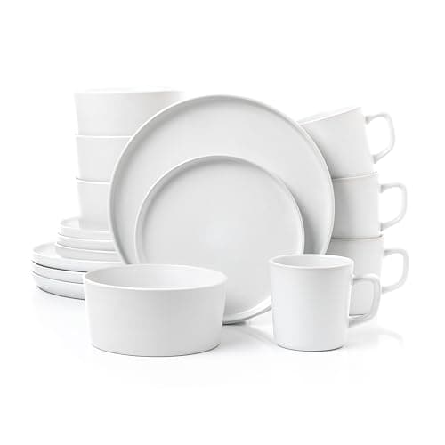 Lorren Home Trends 16-Piece White Stoneware Dinnerware Set, Microwave and Dishwasher Safe