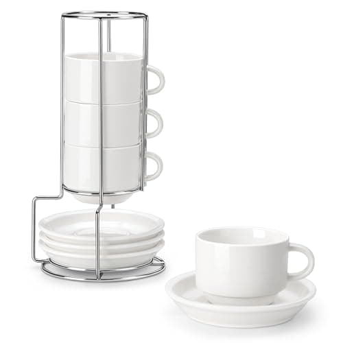 MALACASA White Espresso Cups with Saucers & Metal Stand, Set of 4
