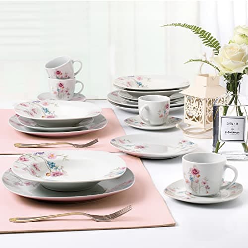 Lorren Home Trends 20 Piece White Square Dinnerware Set with Small Floral Design, Serve 4