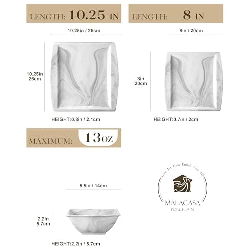MALACASA 12-Piece Marble Grey Dinnerware Set for 4 - Square Plates and Bowls for Dessert, Salad, and Soup
