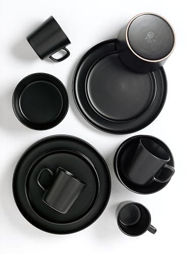 Lorren Home Trends Black Stoneware Dinnerware Set, 16-Piece, Microwave & Dishwasher Safe