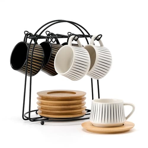 Luka Ceramic Espresso Cups Set of 6, 4 oz Marbling Black Saucers Included — 6-Stripe White & Black
