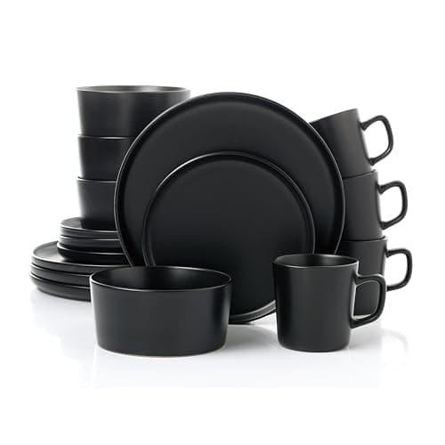 Lorren Home Trends Black Stoneware Dinnerware Set, 16-Piece, Microwave & Dishwasher Safe