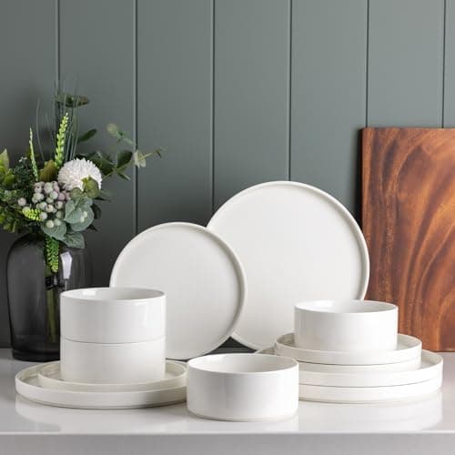 LERATIO Blue Ceramic Dinnerware Set for 4, Round Reactive Glaze Plates & Bowls, Chip & Crack Resistant, Dishwasher & Mic — Reactive-White
