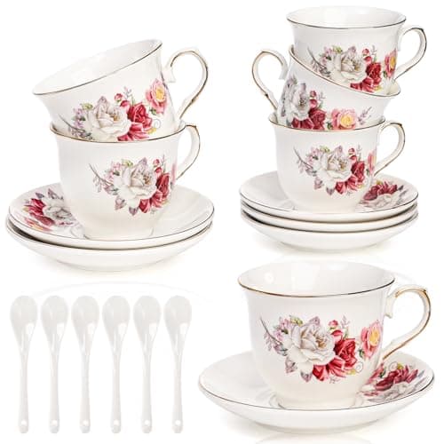 Tea Cup Set with Gold Trim, Set of 6 - 8 Oz Cups and Saucers for Espresso, Latte, and Mocha
