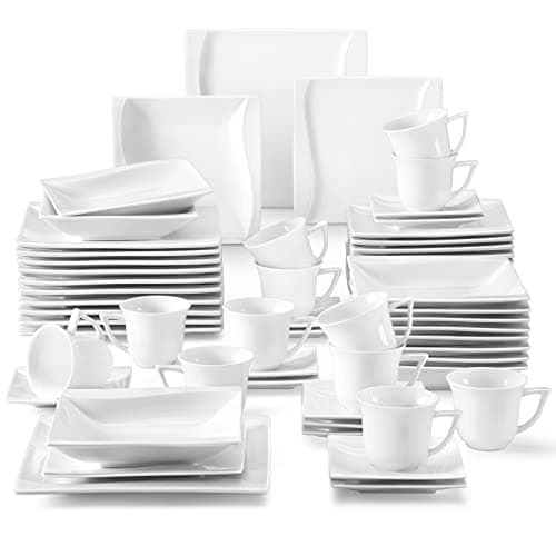 MALACASA 12-Piece Marble Grey Dinnerware Set for 4 - Square Plates and Bowls for Dessert, Salad, and Soup — CARINA - White