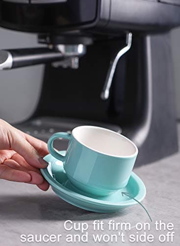 Sweese Turquoise Porcelain Espresso Cups with Saucers & Metal Stand (Set of 4)