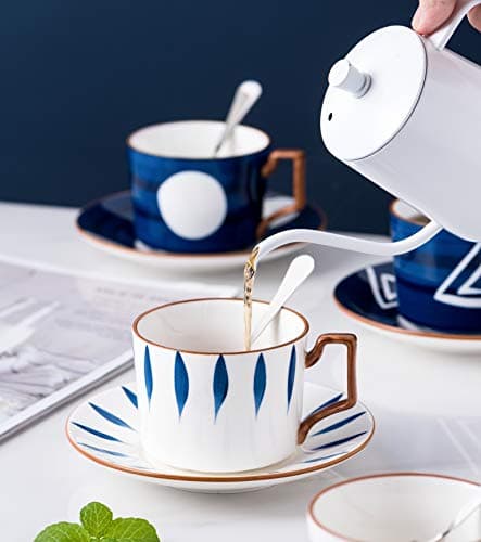 Jusalpha Japanese Style Hand Printed 7oz Fine China Tea/Coffee Cup Set with Spoon and Tray, Serve of 4