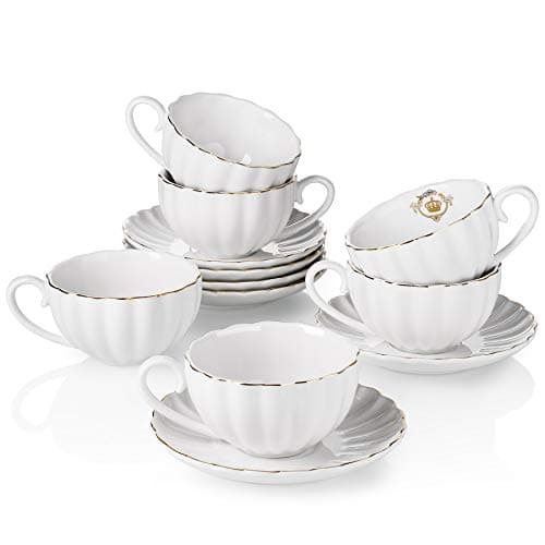 Amazingware Royal Porcelain Tea Cups & Saucers, Gold Trim, Gift Box, Set of 6 (8 oz) - White