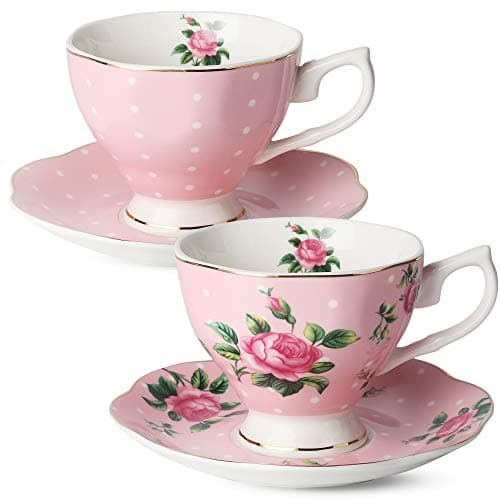 Floral Tea Cups and Saucers Set, Porcelain with Gold Trim, 8oz — Pink