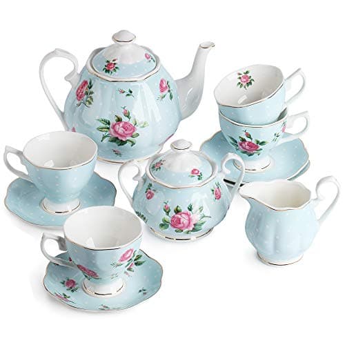 BTaT Floral Tea Set, 8oz Cups & 38oz Pot, Gift Box, China Sets — Blue