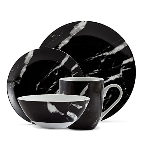 Safdie & Co. Gold Marble 16-Piece Dinnerware Indoor/Outdoor Sets — Black Marble Plates and Bowls Sets