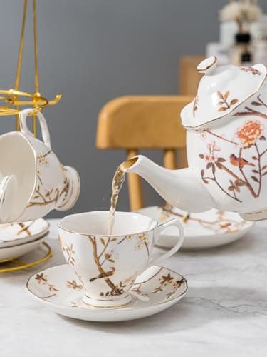 Jusalpha Fine China Bird Tree Pattern 4-Piece Coffee/Tea Set with Teapot, Sugar Bowl, Cream Pitcher & Teaspoons