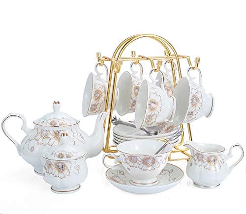 Chenp.HMC 22-Piece Porcelain Coffee Tea Set with Teapot, Cups & Saucers (WHITE3) — White Yellow