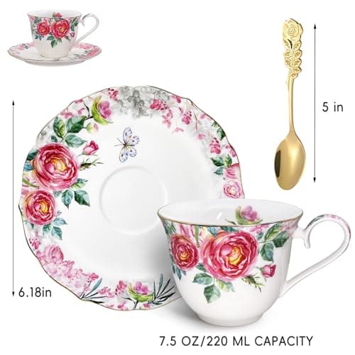 Bourbon Rose Floral Bone China Tea Cup Set with Gold Trim (7.5 OZ)