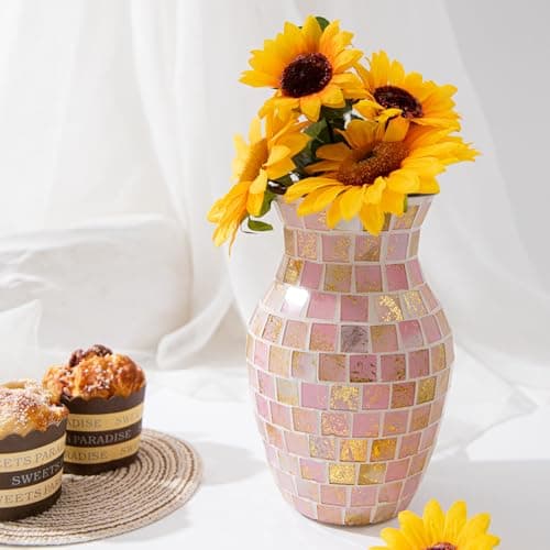 Mosaic Pink Glass Flower Vase, Large Living Room & Kitchen Decor — Pink