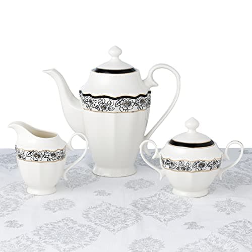 Lorren Home Trends 57 Piece Wavy Black & Gold Bone China Service for 8 - Fiona
