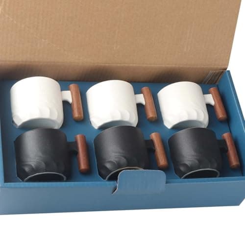 Set of 2 Ceramic Espresso Cups with Wooden Handle-Small Tea Cups — Black/White