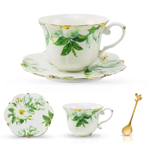 TATSUMI Country Roses 18-Piece Bone China Tea Cup & Saucer Set — Green