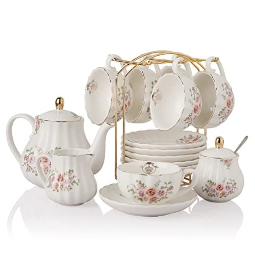 Sweejar British Royal Porcelain Tea Set, 8oz Cups & Saucer for 6 Guests, Teapot Included — Rose Flower