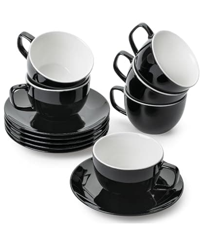 6-Piece Porcelain Tea Cup and Saucer Set, Floral Design (7oz) — Black