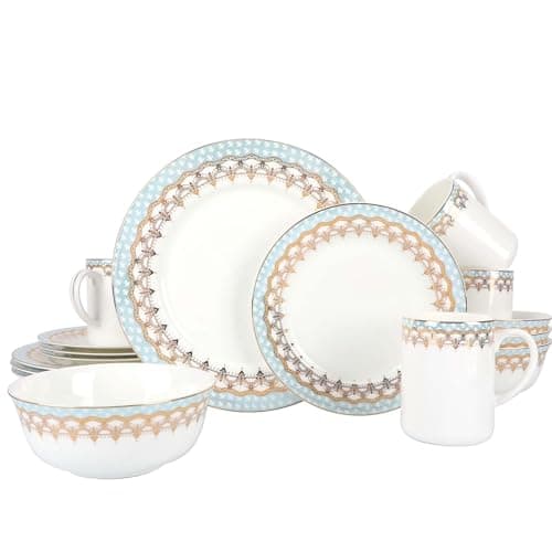 Fine Bone China 16-Pcs Dinnerware Set, Classic Relief Gilt Edged Porcelain — blue and gold