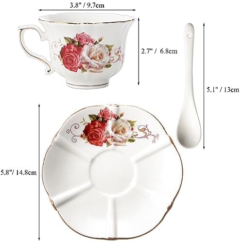 Foraineam 6-Piece Porcelain Tea Set, Ivory Rose Cups & Saucers, Gold Trimmed Latte & Espresso Mugs