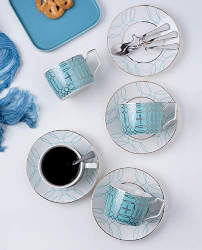 Jusalpha Mint Green Tea Cup and Saucer Set for 4 (Blue)