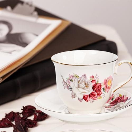 Tea Cup Set with Gold Trim, Set of 6 - 8 Oz Cups and Saucers for Espresso, Latte, and Mocha