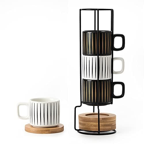 Luka Porcelain Espresso Cup Set of 4, White & Black, 4 Ounce