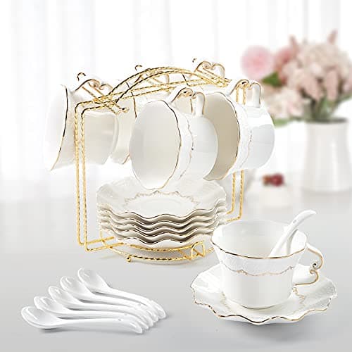 DUJUST Pink Tea Cup Set with Saucers (Set of 4) - 8 oz Porcelain with Gold Trim and Metal Stand — Beautiful White - set of 6
