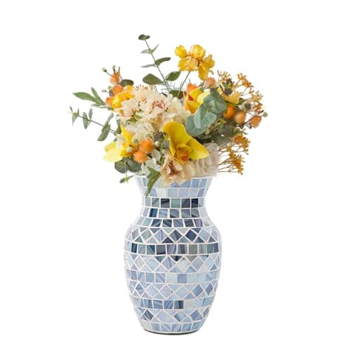 Mosaic Pink Glass Flower Vase, Large Living Room & Kitchen Decor — Blue