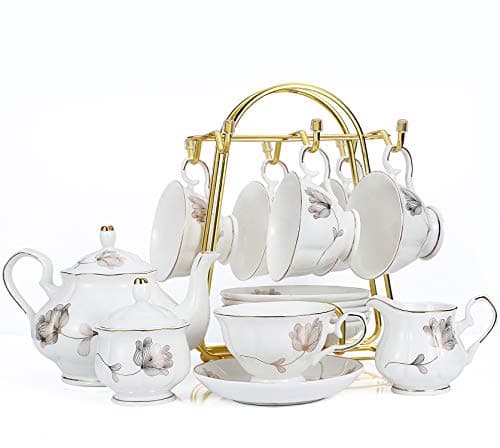 Chenp.HMC 22-Piece Porcelain Coffee Tea Set with Teapot, Cups & Saucers (WHITE3) — White Gold