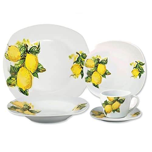 Lorren Home Trends Porcelain 20-Piece Square Dinnerware Set for 4 - Lemon Design, Yellow
