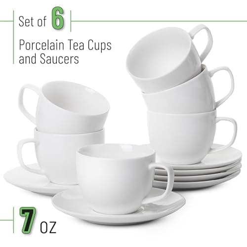6-Piece Porcelain Tea Cup and Saucer Set, Floral Design (7oz)