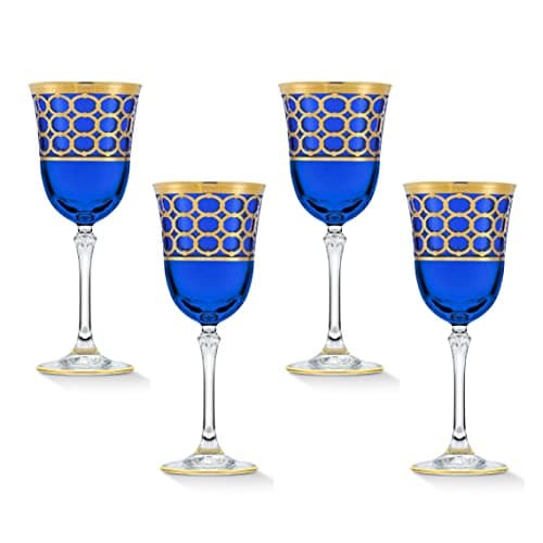 Lorren Cobalt Blue White Wine Goblet with Gold Rings, Set of 4