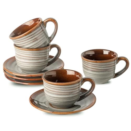 Ceramic Espresso Cups & Saucers, 5 Oz, Set of 4, Small Coffee Mugs Brown