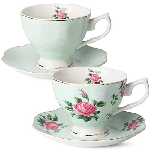 Floral Tea Cups and Saucers Set, Porcelain with Gold Trim, 8oz