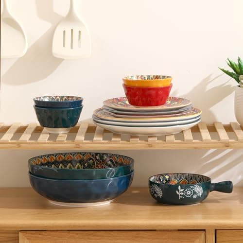 Colorful Bohemian Ceramic Pasta Bowl Set of 2, 10.2inch Serving Bowls