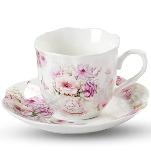 GuangYang Purple Floral Porcelain Tea Cups & Saucers Set of 6 (7oz) - Tea Gift for Adults