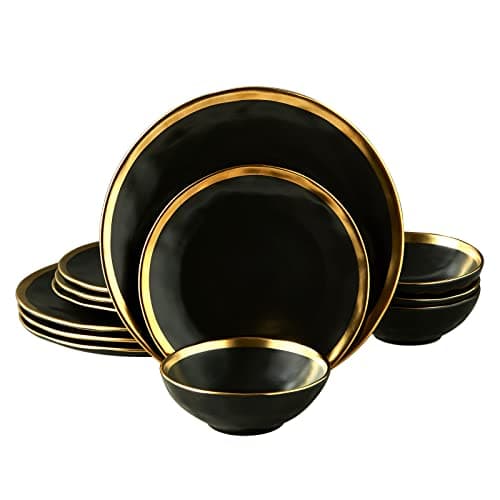 Luxury Gold Rim Porcelain Plate & Bowl Sets, 12-Piece Dinnerware for 4, No Microwave Safe — black and gold
