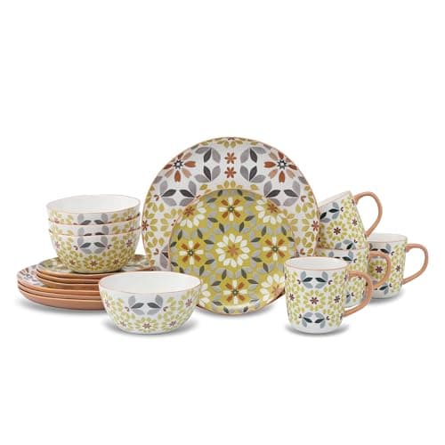 Lorren Home Trends 16-Piece Floral Blue Red Dinnerware Set — Yellow and Grey Floral Pattern