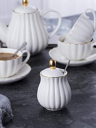 Jusalpha 17-Piece White Porcelain Tea Set Includes Cup, Saucer, Spoons, Teapot, Creamer